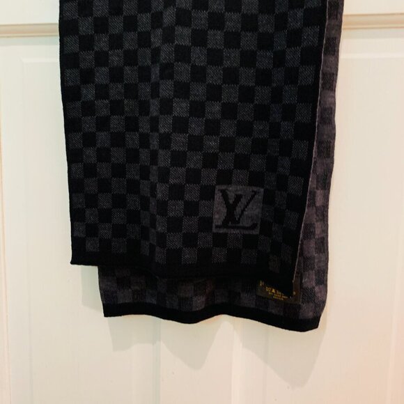 Auth LOUIS VUITTON Echarpe Petit Damier M70028 Dark Gray Black MR0135 Scarf Wool - Picture 12 of 16